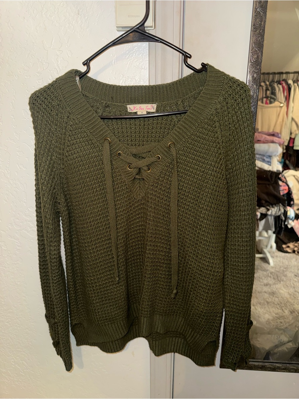 Olive Green Lace-Up Knit Sweater - Women